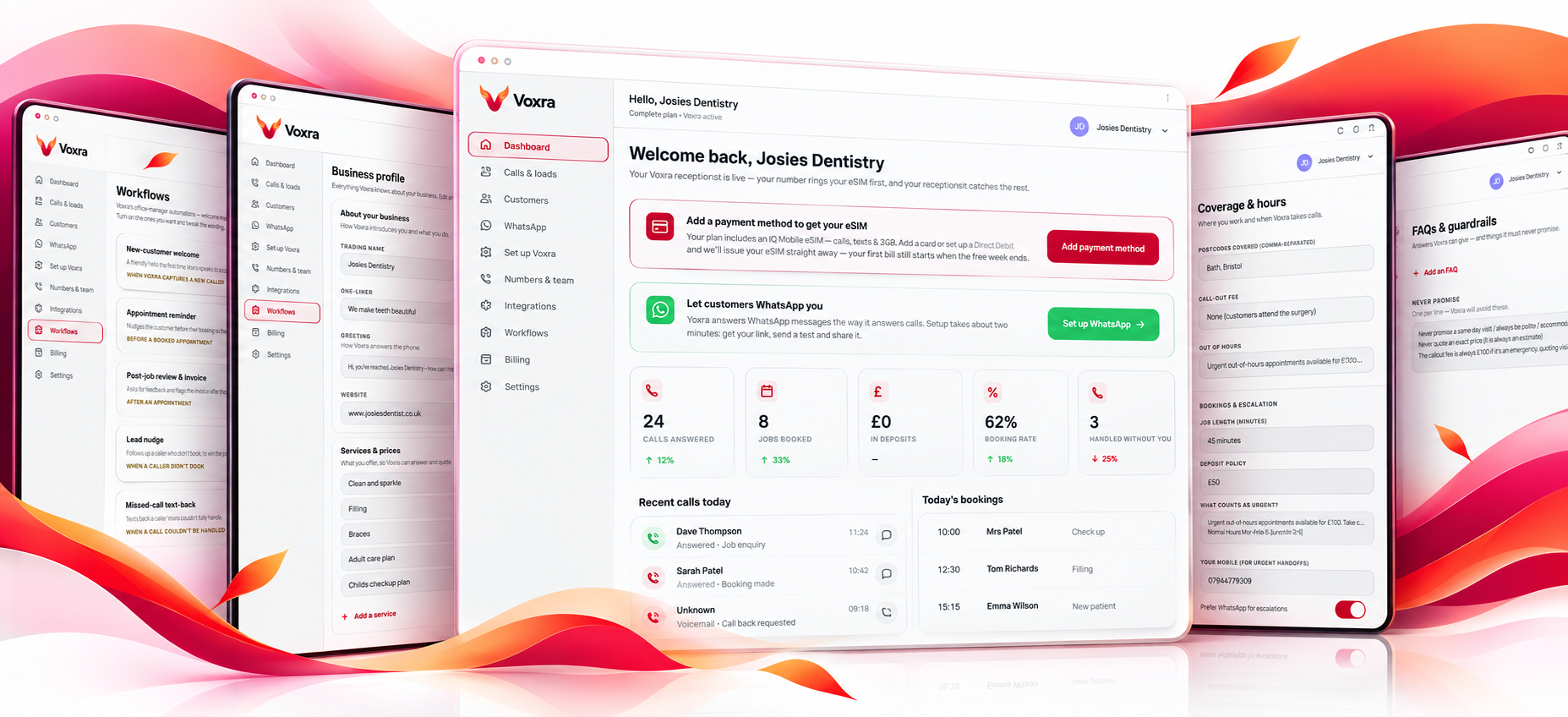 The Voxra web console: dashboard, workflows, calls and leads, FAQs and guardrails